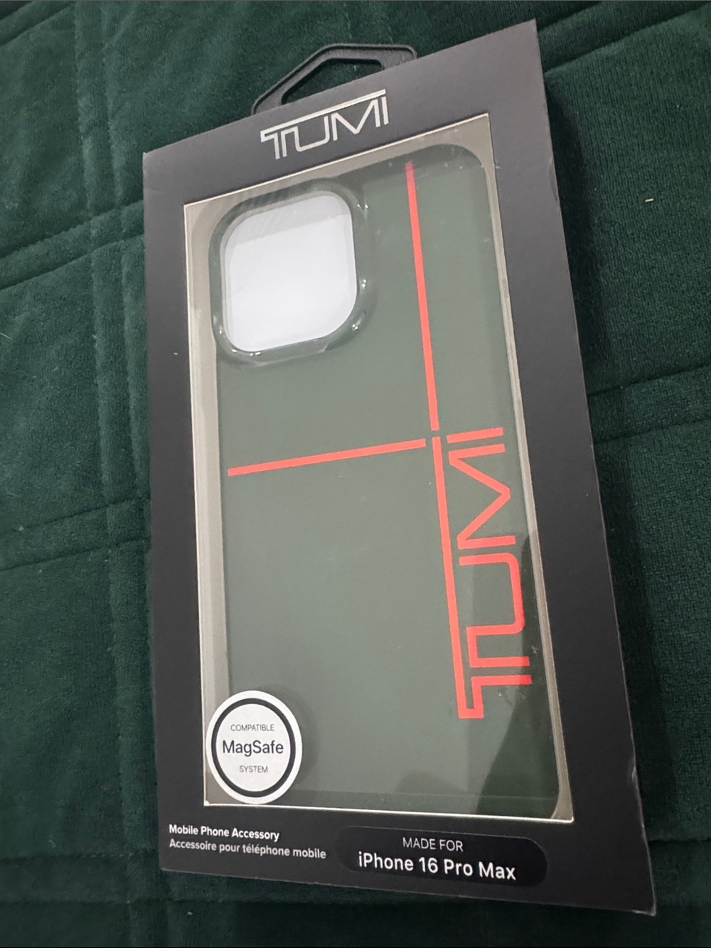 Tumi Green Phone Case with Red Logo Stripe for iPhone 16 Pro Max